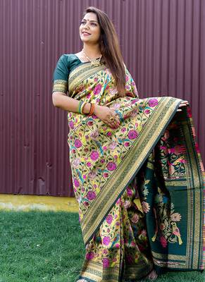 Dark green & gold paithani silk blend saree with gold zari & peacock meenakari motif 1