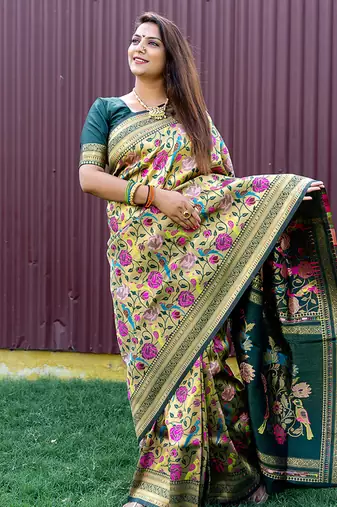 Dark green & gold paithani silk blend saree with gold zari & peacock meenakari motif