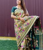 Dark green & gold paithani silk blend saree with gold zari & peacock meenakari motif