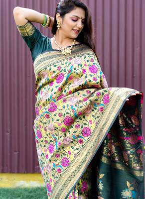 Dark green & gold paithani silk blend saree with gold zari & peacock meenakari motif 2