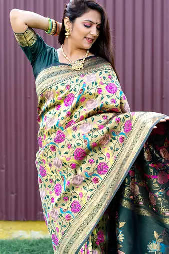 Dark green & gold paithani silk blend saree with gold zari & peacock meenakari motif