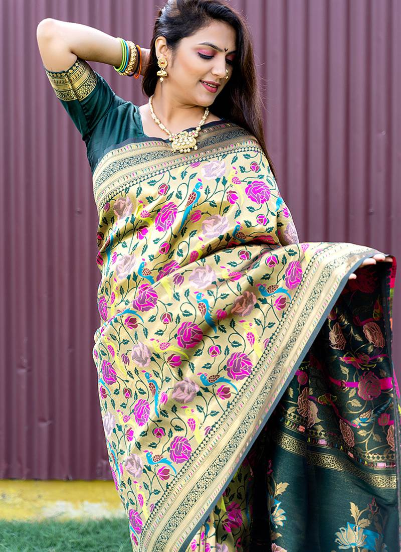 Dark green & gold paithani silk blend saree with gold zari & peacock meenakari motif