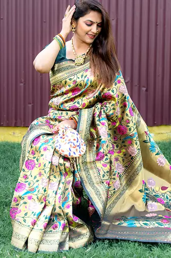 Dark green & gold paithani silk blend saree with gold zari & peacock meenakari motif