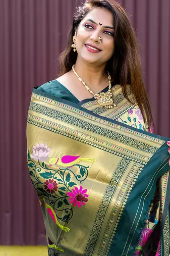 Dark green & gold paithani silk blend saree with gold zari & peacock meenakari motif