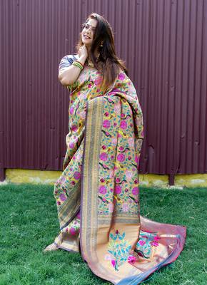 Grey & gold paithani silk blend saree with gold zari & peacock meenakari motif 1