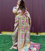 Grey & gold paithani silk blend saree with gold zari & peacock meenakari motif