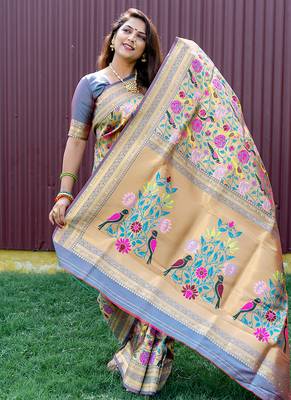 Grey & gold paithani silk blend saree with gold zari & peacock meenakari motif 2