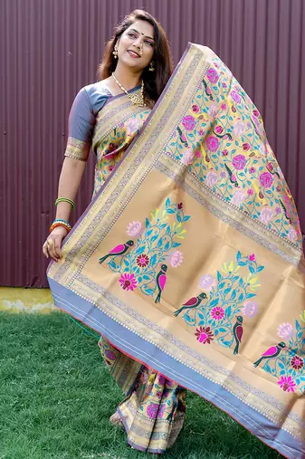 Grey & gold paithani silk blend saree with gold zari & peacock meenakari motif