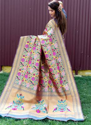 Grey & gold paithani silk blend saree with gold zari & peacock meenakari motif 3