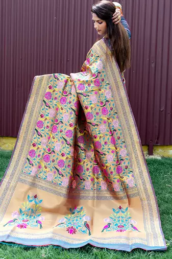 Grey & gold paithani silk blend saree with gold zari & peacock meenakari motif