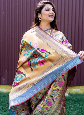 Grey & gold paithani silk blend saree with gold zari & peacock meenakari motif 4