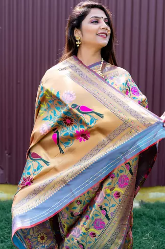 Grey & gold paithani silk blend saree with gold zari & peacock meenakari motif