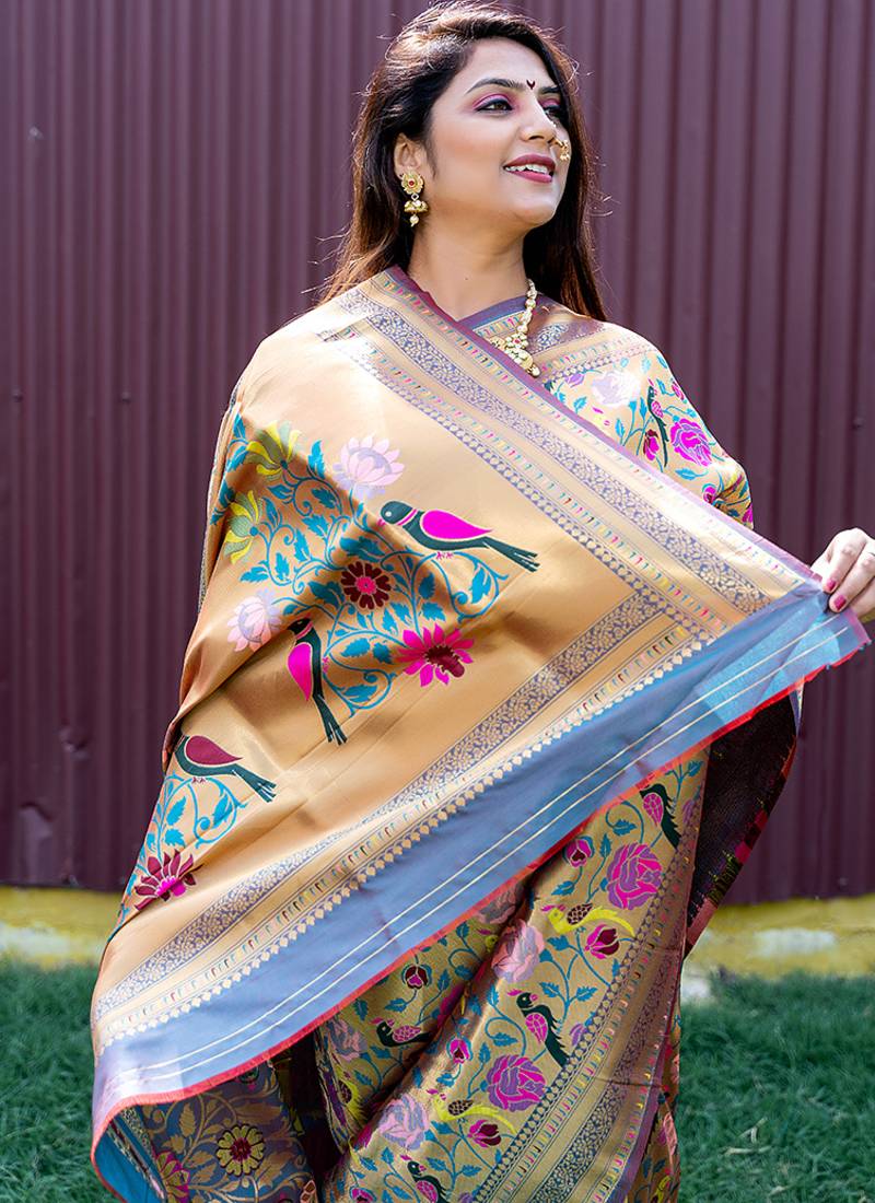 Grey & gold paithani silk blend saree with gold zari & peacock meenakari motif