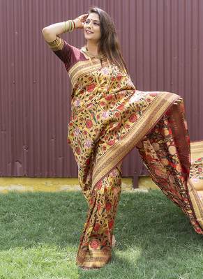 Brown & gold paithani silk blend saree with gold zari & peacock meenakari motif 1