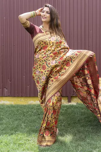 Brown & gold paithani silk blend saree with gold zari & peacock meenakari motif