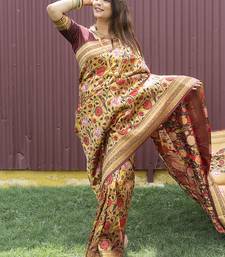Brown & gold paithani silk blend saree with gold zari & peacock meenakari motif