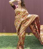 Brown & gold paithani silk blend saree with gold zari & peacock meenakari motif