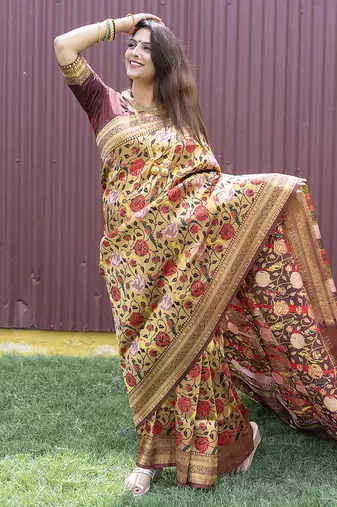 Brown & gold paithani silk blend saree with gold zari & peacock meenakari motif