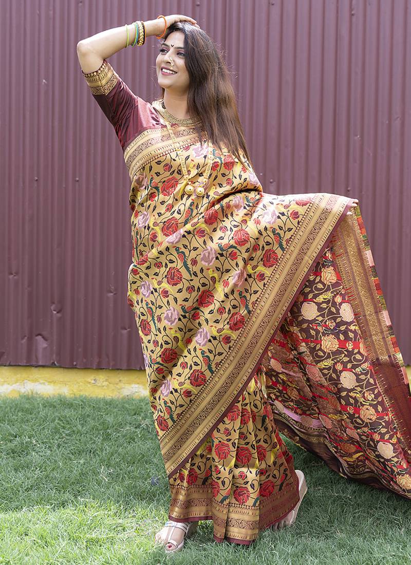 Brown & gold paithani silk blend saree with gold zari & peacock meenakari motif