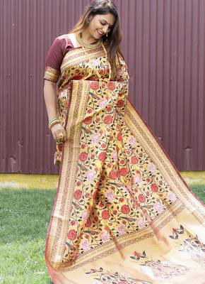 Brown & gold paithani silk blend saree with gold zari & peacock meenakari motif 3