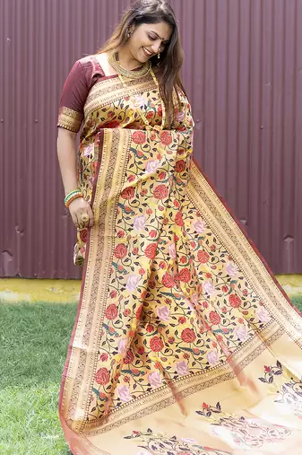 Brown & gold paithani silk blend saree with gold zari & peacock meenakari motif