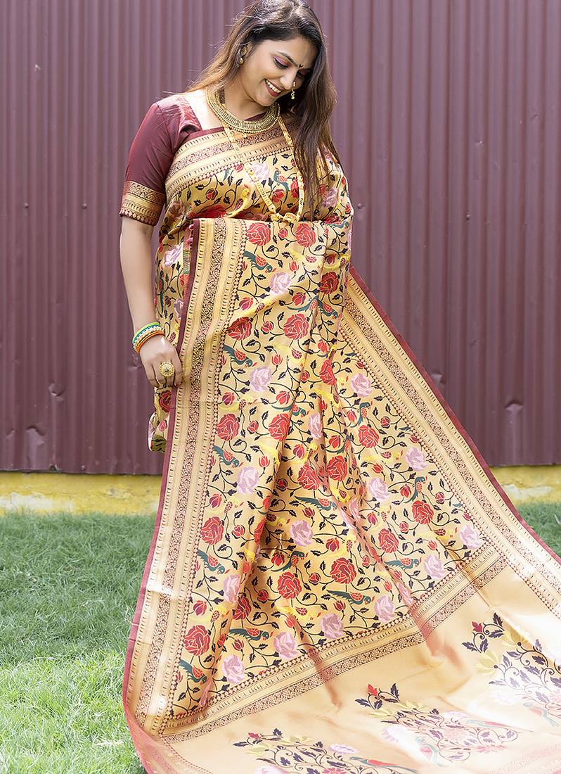 Brown & gold paithani silk blend saree with gold zari & peacock meenakari motif