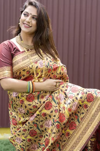 Brown & gold paithani silk blend saree with gold zari & peacock meenakari motif