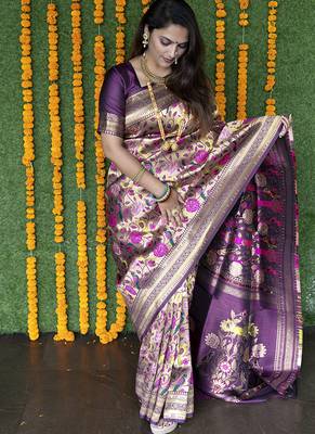 Dark purple & gold paithani silk blend saree with gold zari & peacock meenakari motif 1