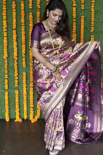 Dark purple & gold paithani silk blend saree with gold zari & peacock meenakari motif