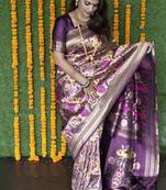 Dark purple & gold paithani silk blend saree with gold zari & peacock meenakari motif