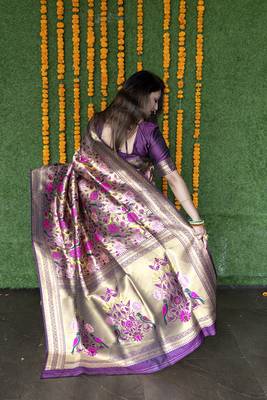 Dark purple & gold paithani silk blend saree with gold zari & peacock meenakari motif 2