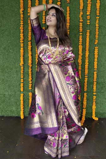 Dark purple & gold paithani silk blend saree with gold zari & peacock meenakari motif