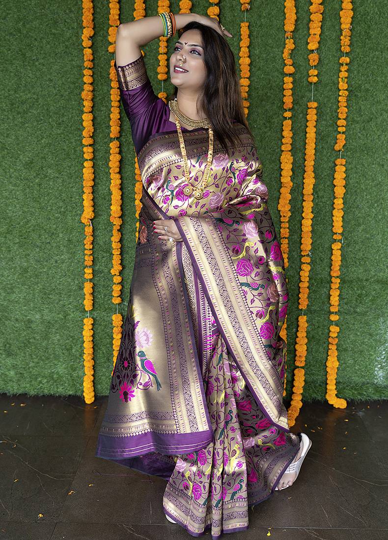 Dark purple & gold paithani silk blend saree with gold zari & peacock meenakari motif