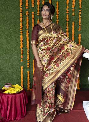Maroon & gold paithani silk blend saree with gold zari & peacock meenakari motif 1