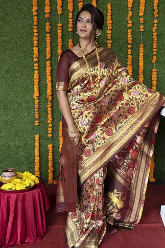 Maroon & gold paithani silk blend saree with gold zari & peacock meenakari motif