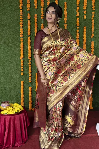Maroon & gold paithani silk blend saree with gold zari & peacock meenakari motif