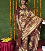 Maroon & gold paithani silk blend saree with gold zari & peacock meenakari motif
