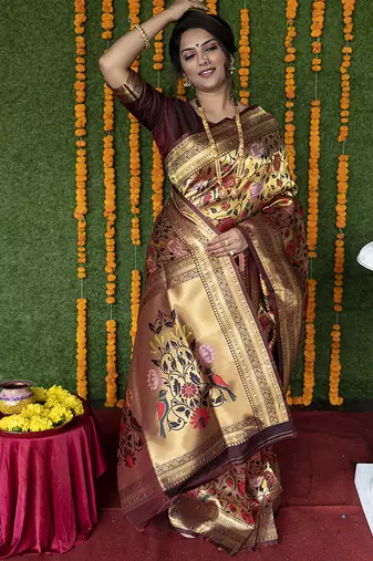 Maroon & gold paithani silk blend saree with gold zari & peacock meenakari motif