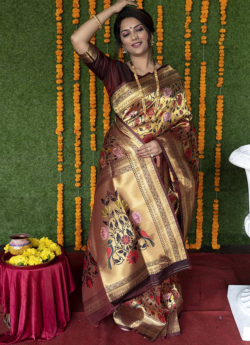 Maroon & gold paithani silk blend saree with gold zari & peacock meenakari motif
