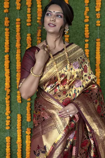 Maroon & gold paithani silk blend saree with gold zari & peacock meenakari motif