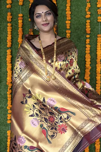 Maroon & gold paithani silk blend saree with gold zari & peacock meenakari motif