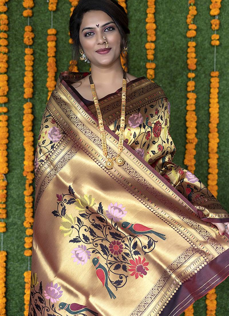 Maroon & gold paithani silk blend saree with gold zari & peacock meenakari motif