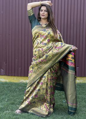 Beige and dark green paithani silk blend saree with peacock motif 1