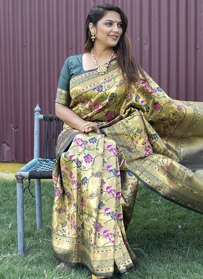 Beige and dark green paithani silk blend saree with peacock motif 2