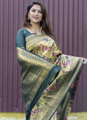 Beige and dark green paithani silk blend saree with peacock motif 3