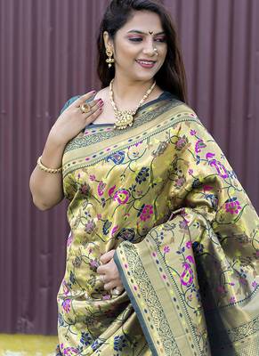 Beige and dark green paithani silk blend saree with peacock motif 4