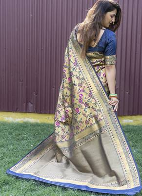Beige and navy bkue paithani silk blend saree with peacock motif 2