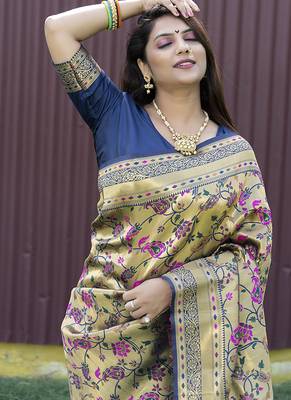 Beige and navy bkue paithani silk blend saree with peacock motif 3