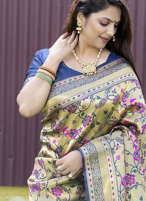 Beige and navy bkue paithani silk blend saree with peacock motif 4