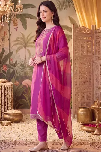 Women Ethnic Motifs Embroidered Regular Thread Work Kurta with Trousers & With Dupatta